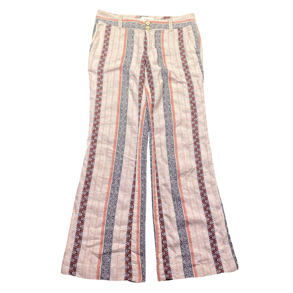 Elevenses Anthropologie Womens Pink Blue Geometric Linen Blend Wide Leg Pants 4